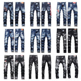 Embroidered Mens Ripped Stretch Denim Jeans